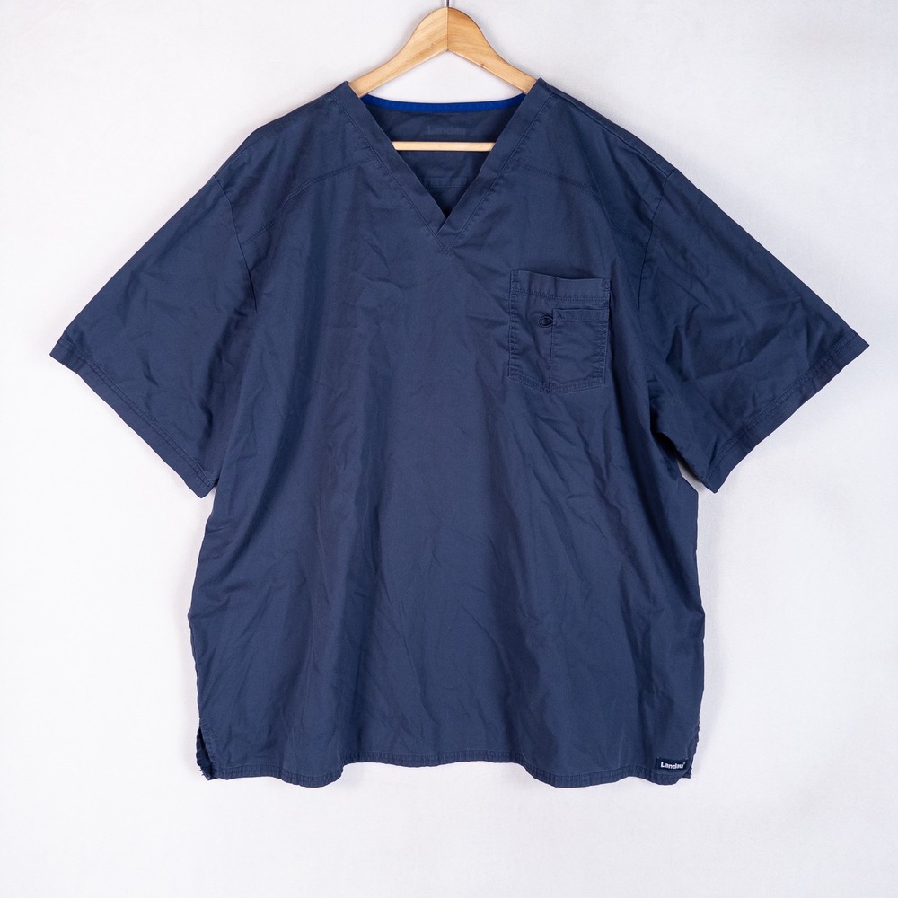 Landau Mens Scrub Top 3XL Navy Blue V-Neck Short Sleeve Pocket Medical Nursing